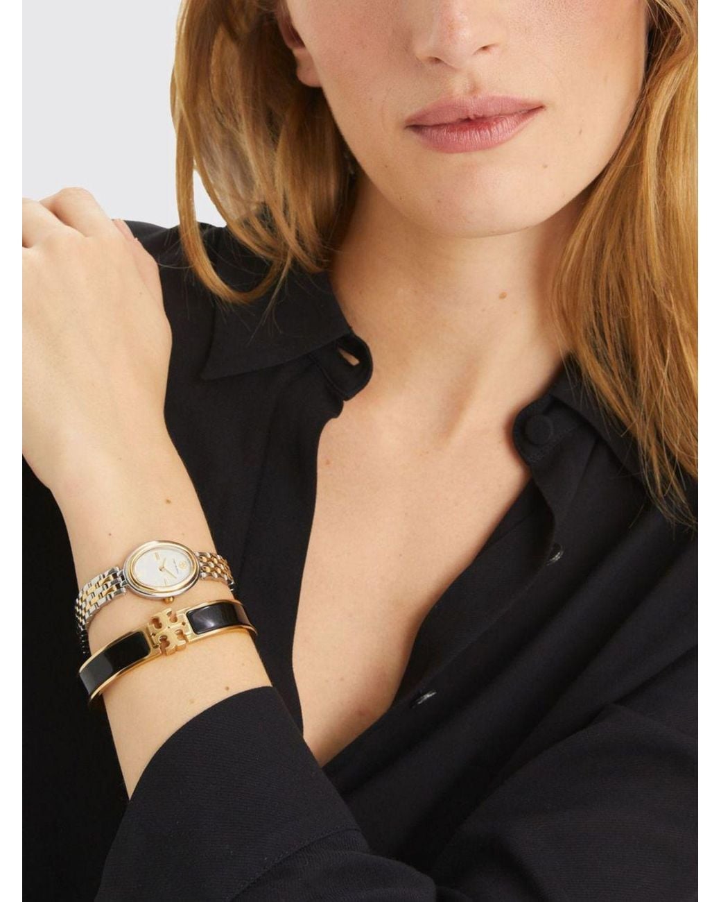 Tory Burch Black Kira Enameled Brass Bangle With Double T Logo
