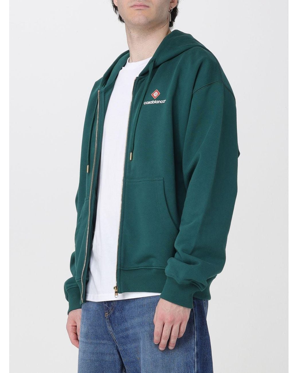 Casablanca Green Relaxed Fit Cotton Hoodie With Zip And Contrast Logo for men