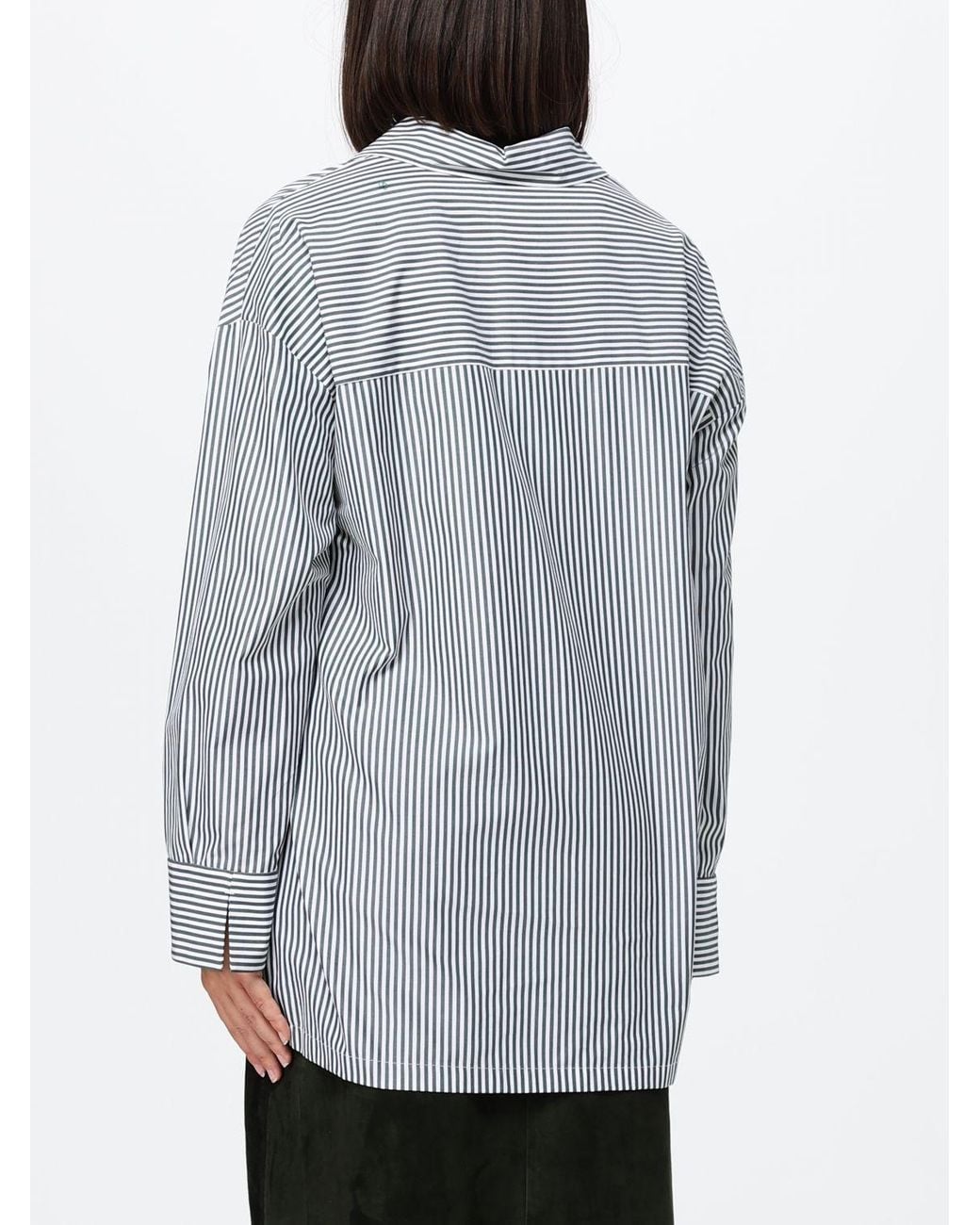 Max Mara Gray Striped Cotton V-Neck Relaxed Fit Blouse