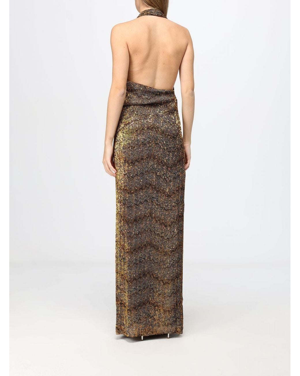 Missoni Brown Zig Zag Sequin Long Evening Gown With Halter Neck