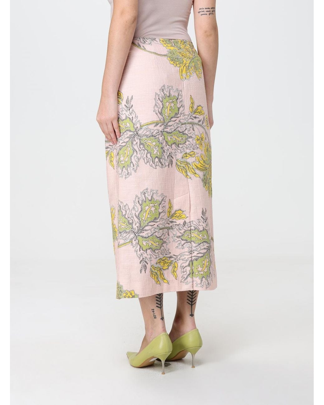 LaDoubleJ White High-Waisted Floral Print Stretch Cotton Midi Pencil Skirt