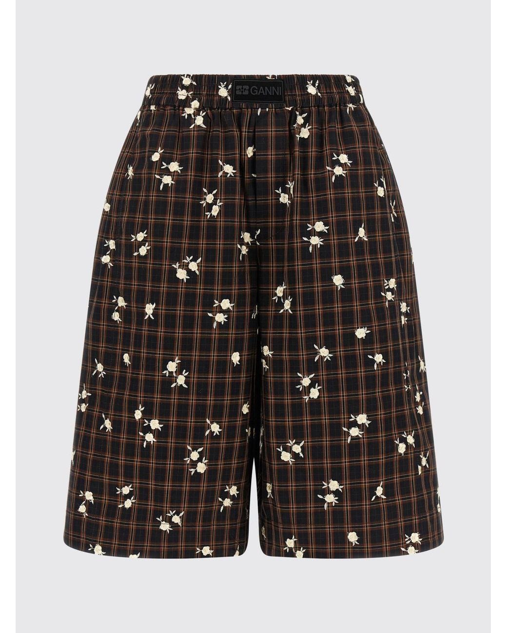 Ganni Black Check Organic Cotton High-Waisted Shorts With Elastic Waistband
