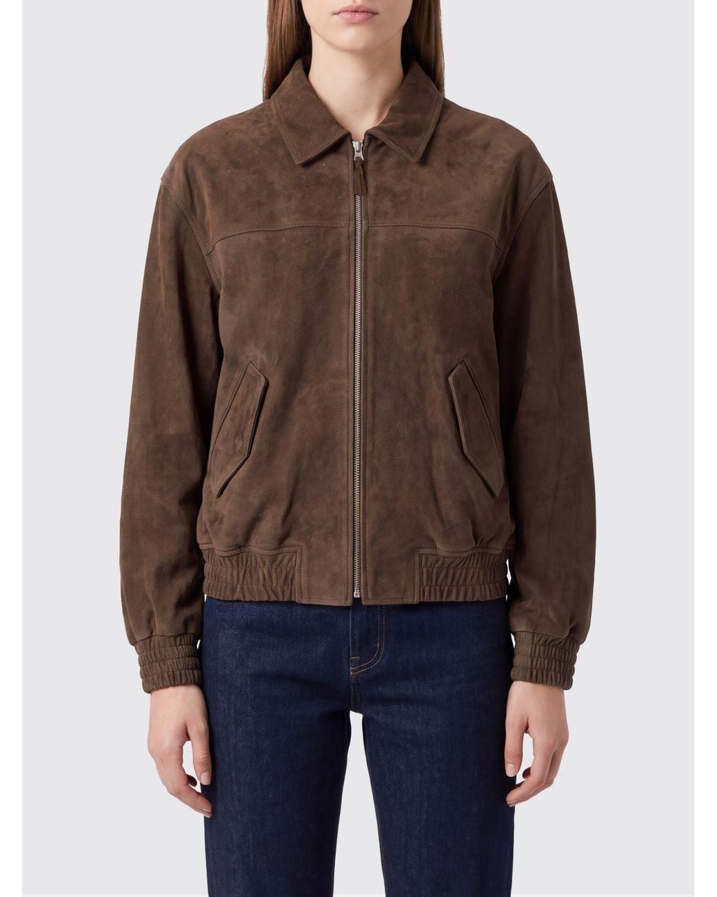 DUNST Brown Lambskin Bomber Jacket With Classic Collar And Dropped Shoulders
