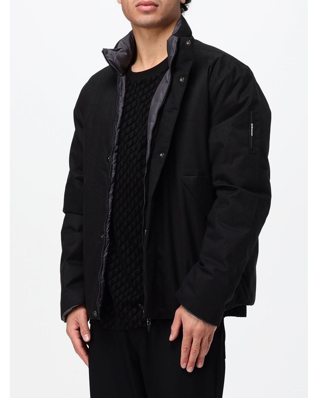 EA7 Black Reversible Short Nylon Puffer Jacket With High Neck for men