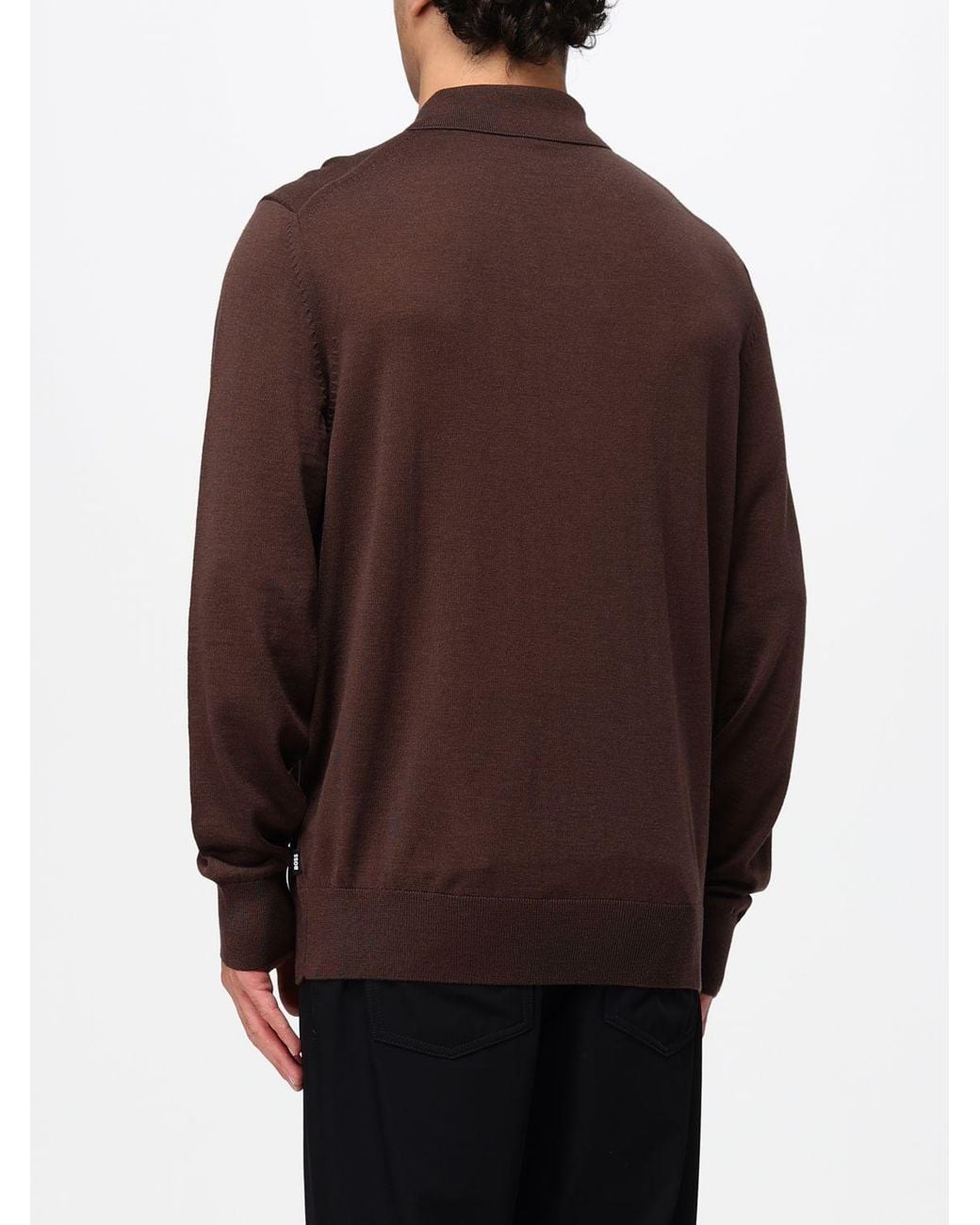 Boss Brown Long-Sleeved Knit Polo Shirt for men