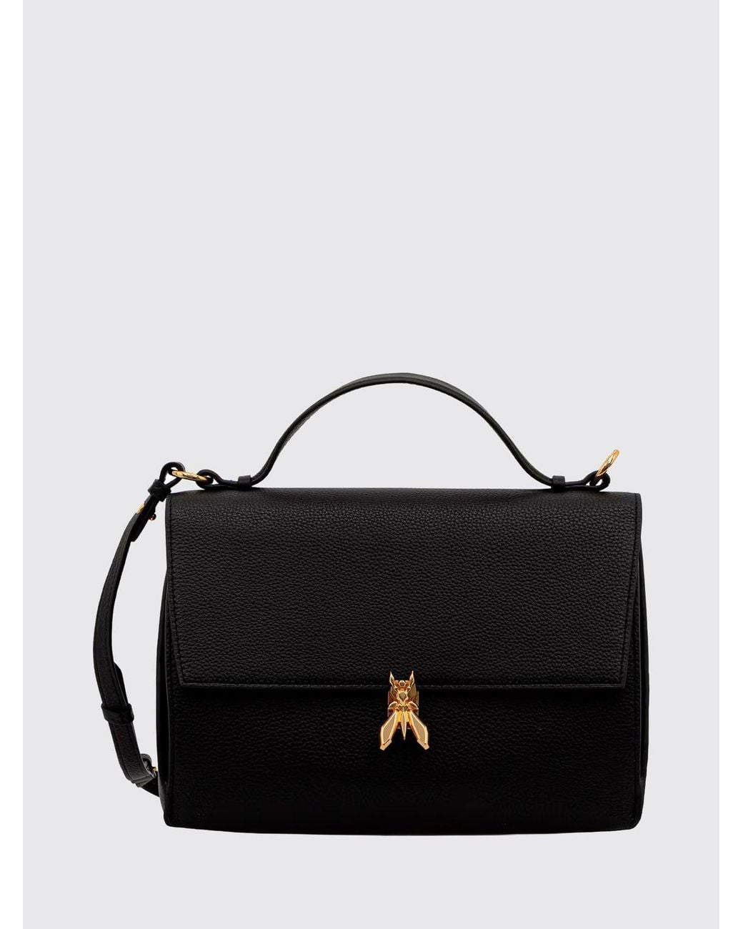 Patrizia Pepe Black Grained Leather Handbag With Fly Logo Buckle And Removable Strap