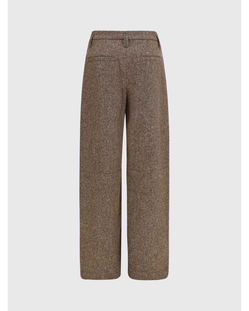 Brunello Cucinelli Natural High-Waisted Virgin Wool Palazzo Trousers With Monili