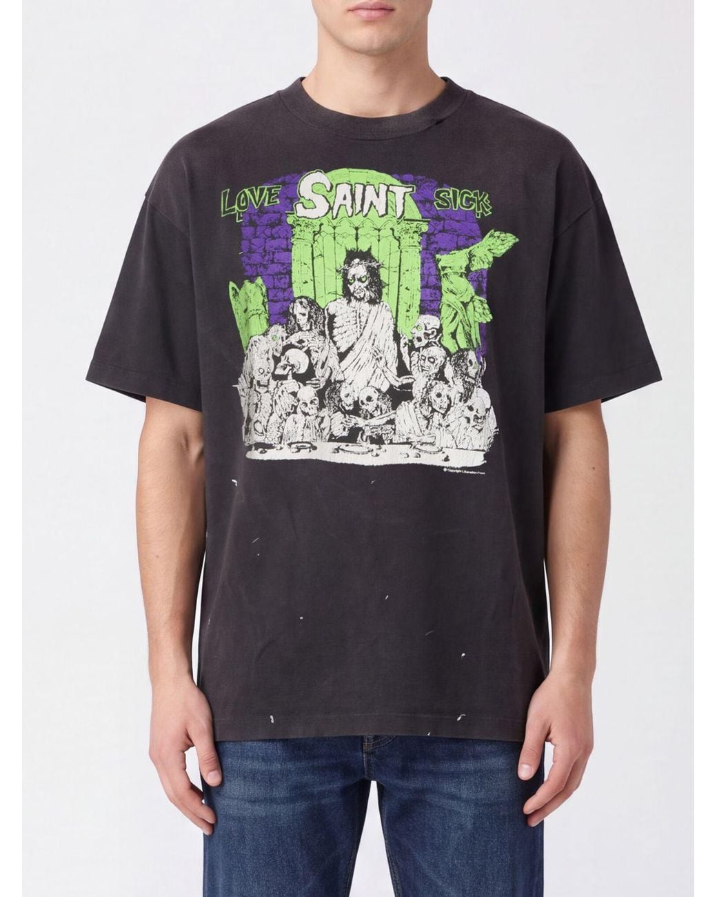 SAINT Mxxxxxx Gray Graphic Print Logo Cotton T-Shirt With Dropped Shoulders for men