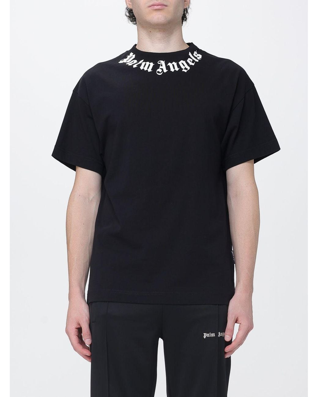 Palm Angels Black Cotton T-Shirt With Printed Logo And Dropped Shoulders for men