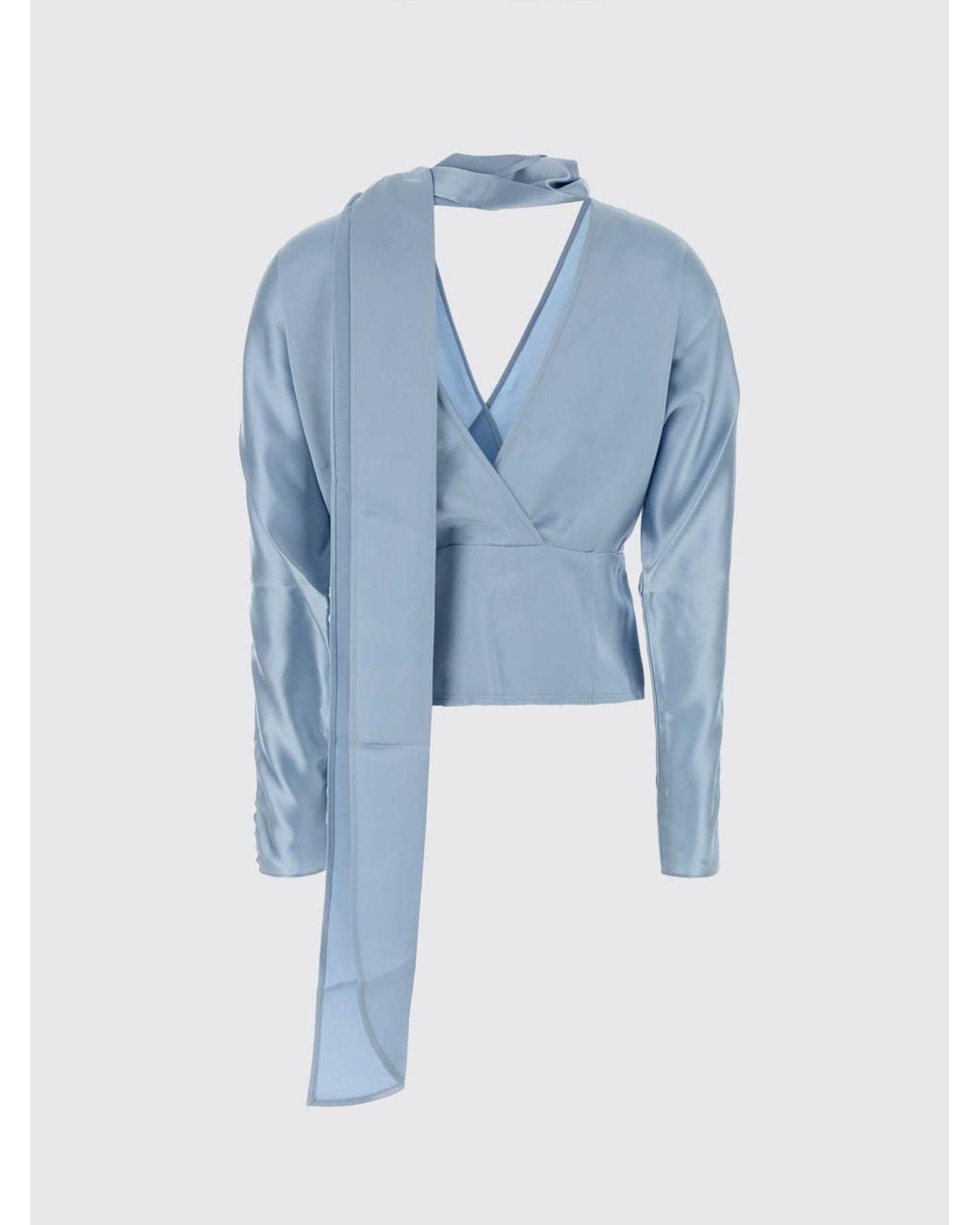 Ganni Blue Pussy-Bow Long-Sleeved Satin Blouse With Dropped Shoulders