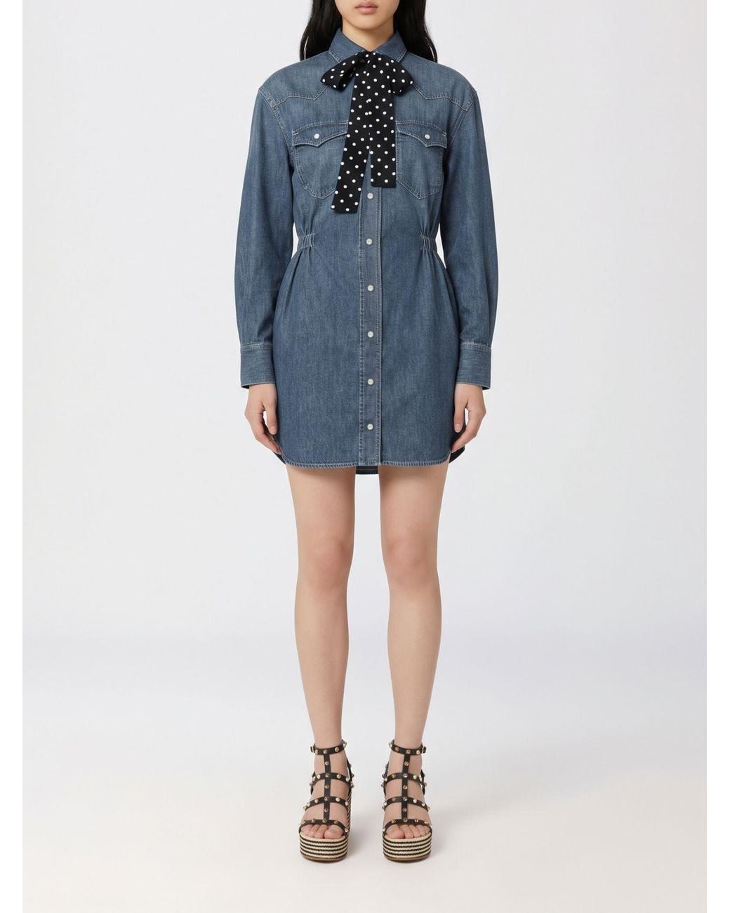 Valentino Garavani Blue Denim Tie-Neck Mini Chemisier Dress