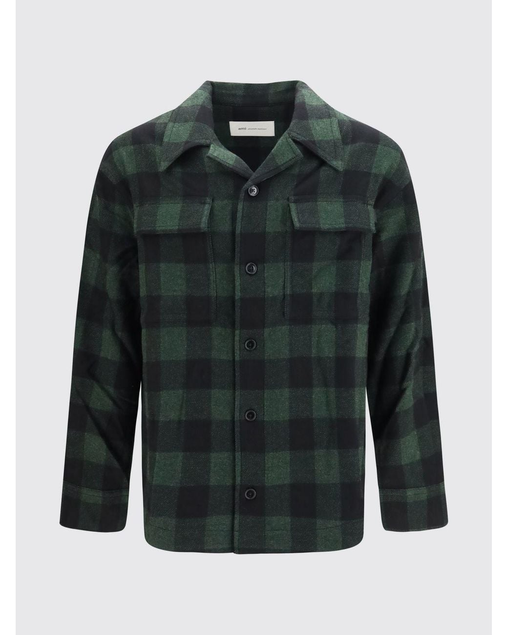 AMI Black Check Wool Shirt Jacket With Cuban Collar for men
