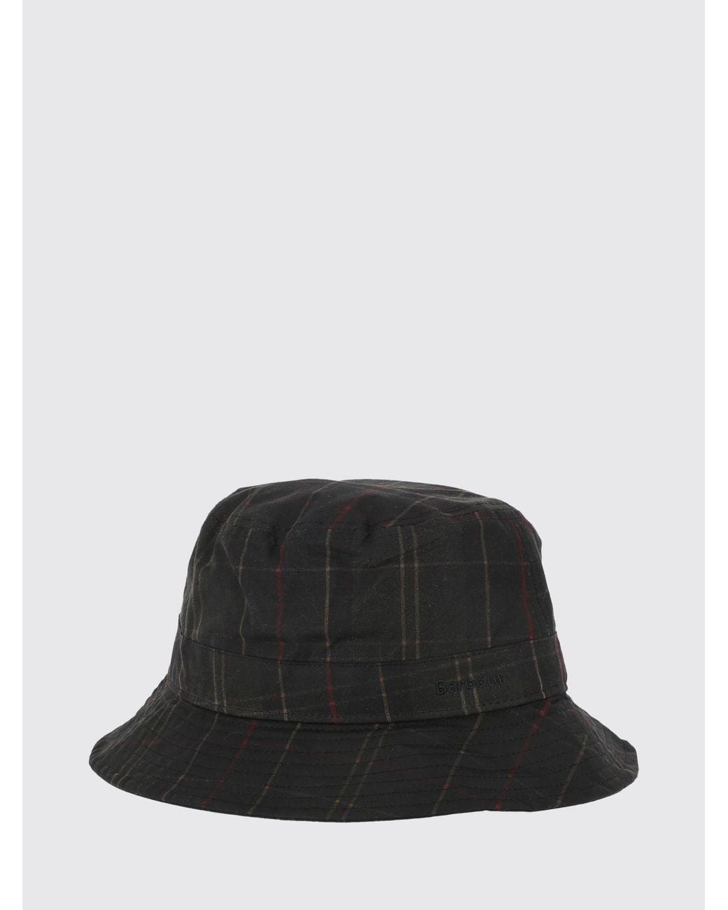 Barbour Black Waxed Cotton Bucket Hat With Tartan Pattern And Embroidered Logo for men