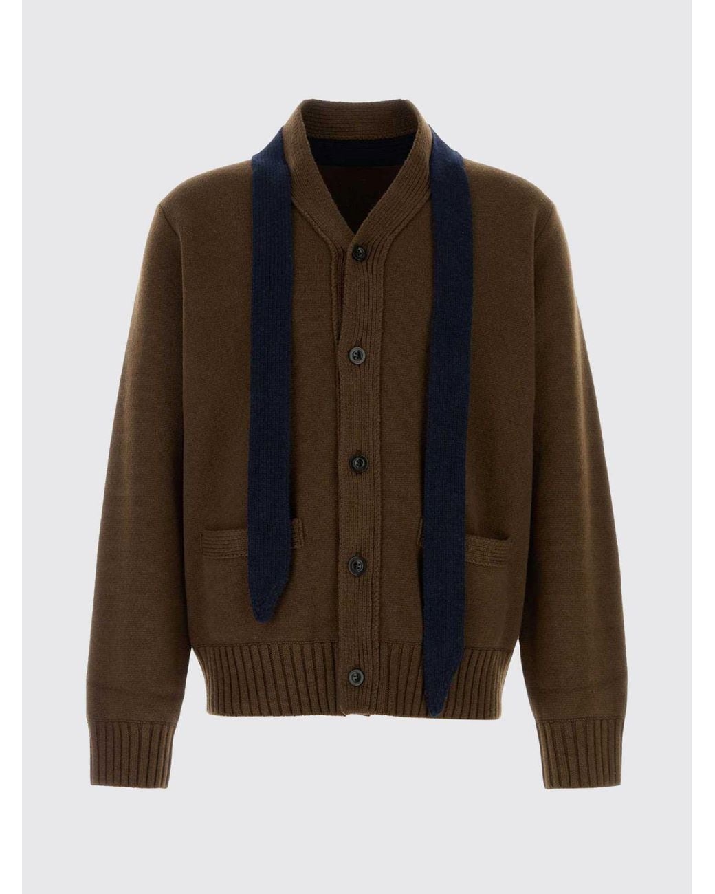 Sacai Black Pure Wool Cardigan With Scarf Neck And Patch Pockets for men