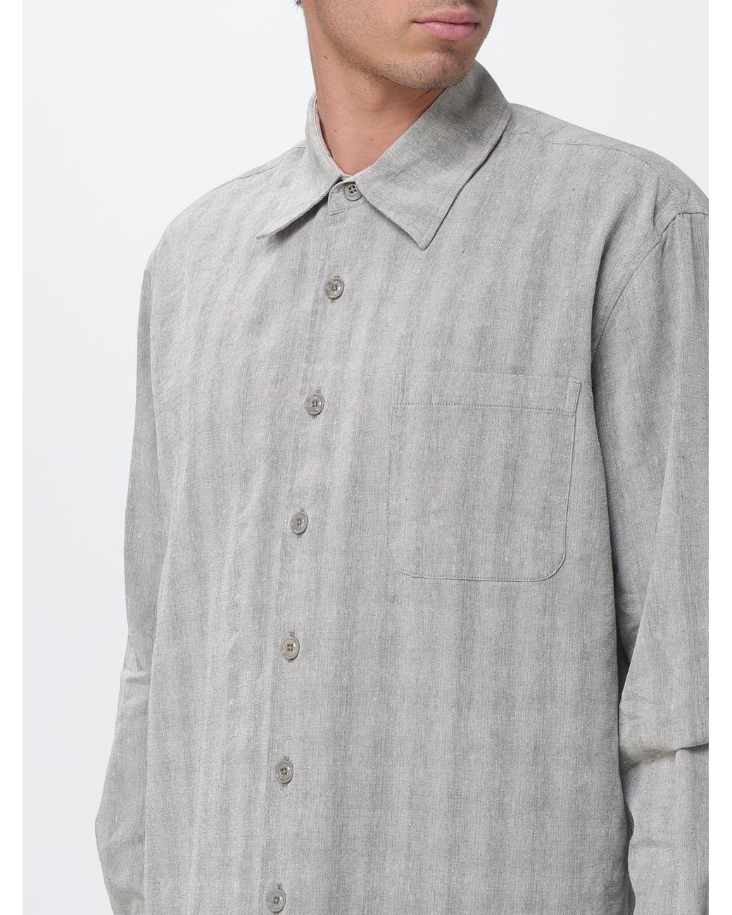 Our Legacy Gray Linen And Cotton Blend Shirt With French Collar And Patch Pocket for men