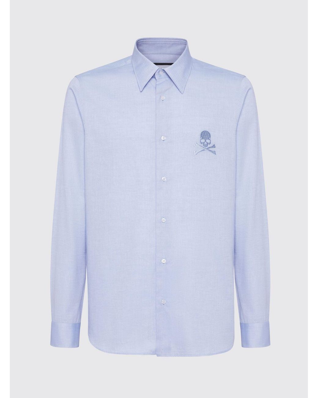 Philipp Plein Blue Long-Sleeved Cotton Shirt With Point Collar And Skull Print for men