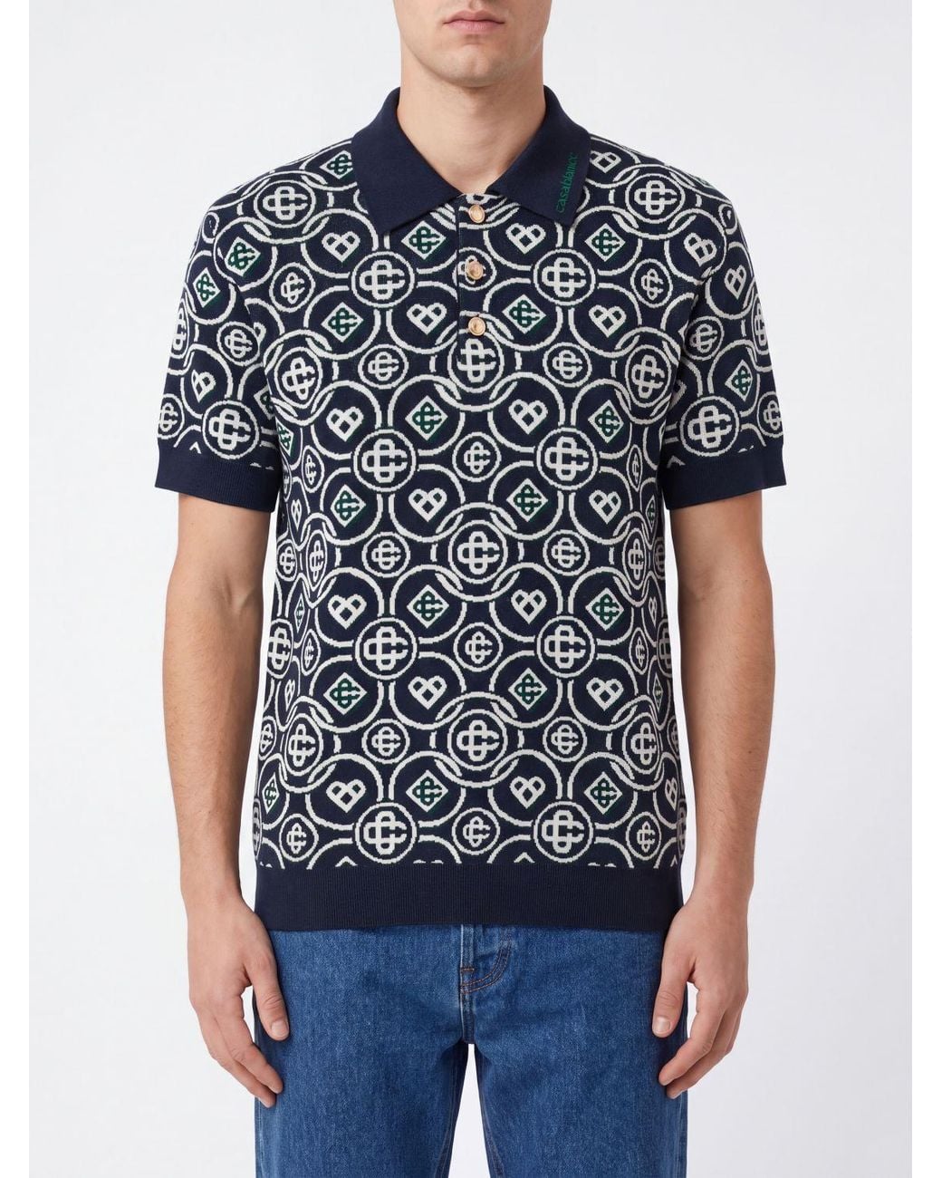 Casablanca Blue Knitted Cotton Polo Shirt With Contrast Logo And Ribbed Trims for men