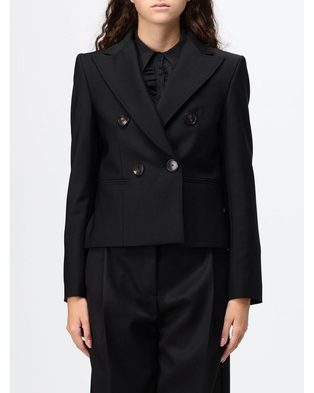 Tela Black Double-Breasted Cropped Blazer With Peak Lapels