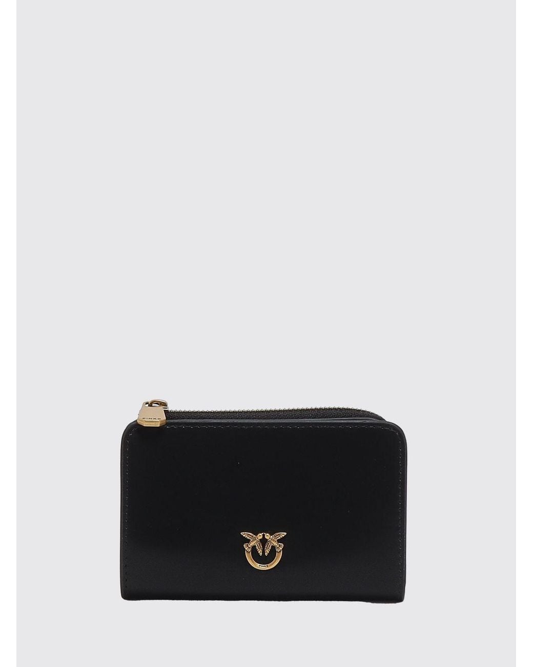 Pinko Black Smooth Calfskin Bifold Wallet With Love Birds Logo