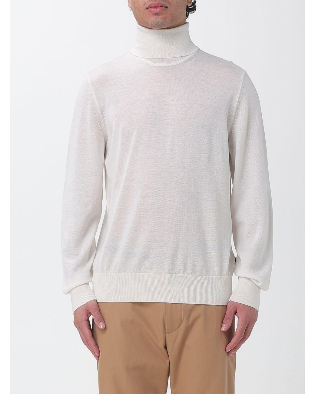 Boss White Virgin Wool Turtleneck Jumper With Ribbed Trims for men