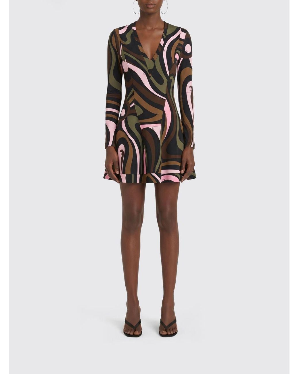 Emilio Pucci Green Marmo Print Viscose Flared Mini Dress With V-Neck