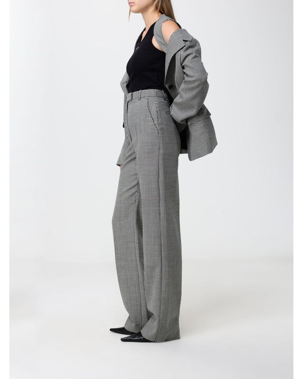 McQueen Gray Vichy Pattern Wool Flared Tailored Trousers With High Waist