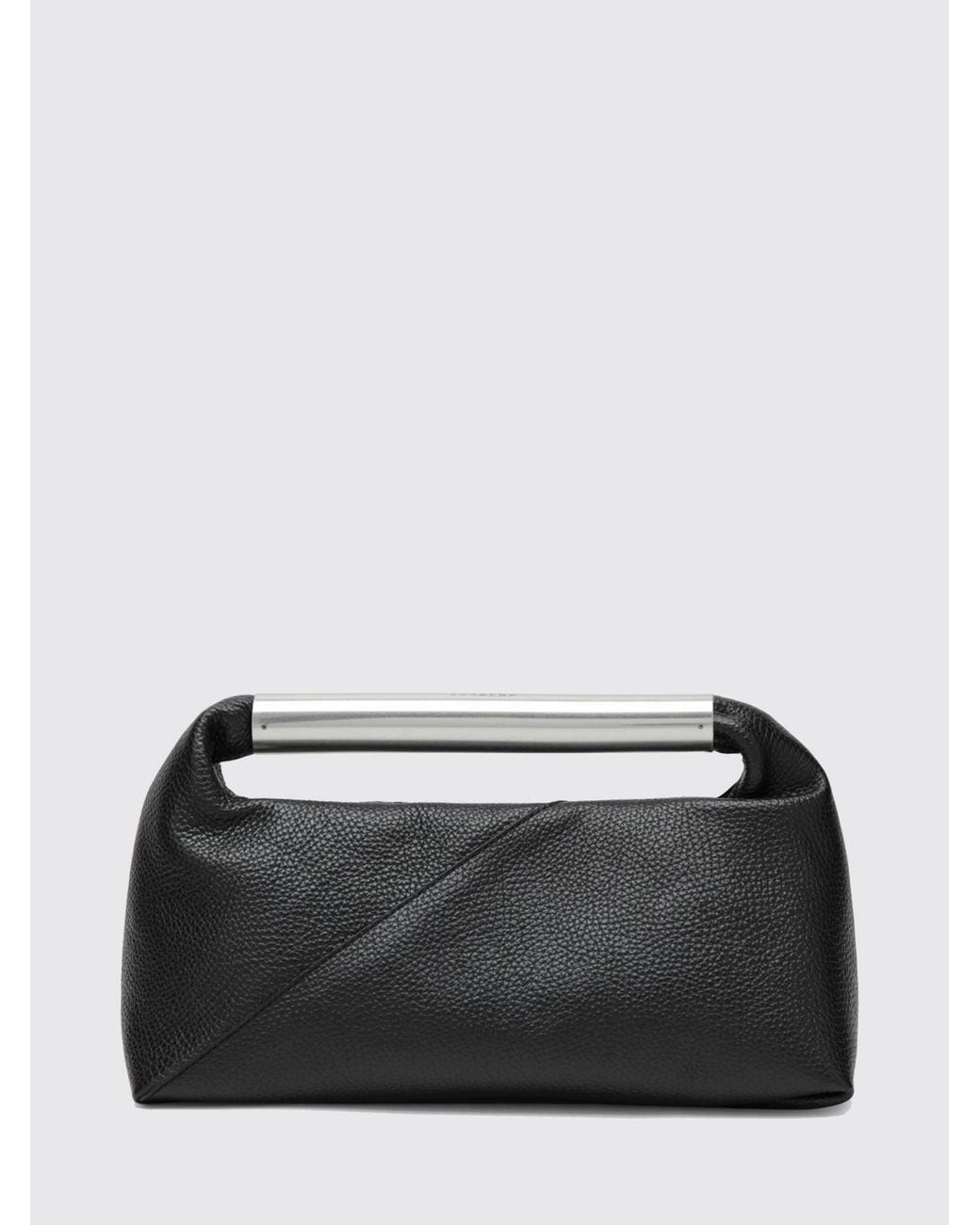 MM6 by Maison Margiela Black Grained Calf Leather Handbag With Metallic Handle