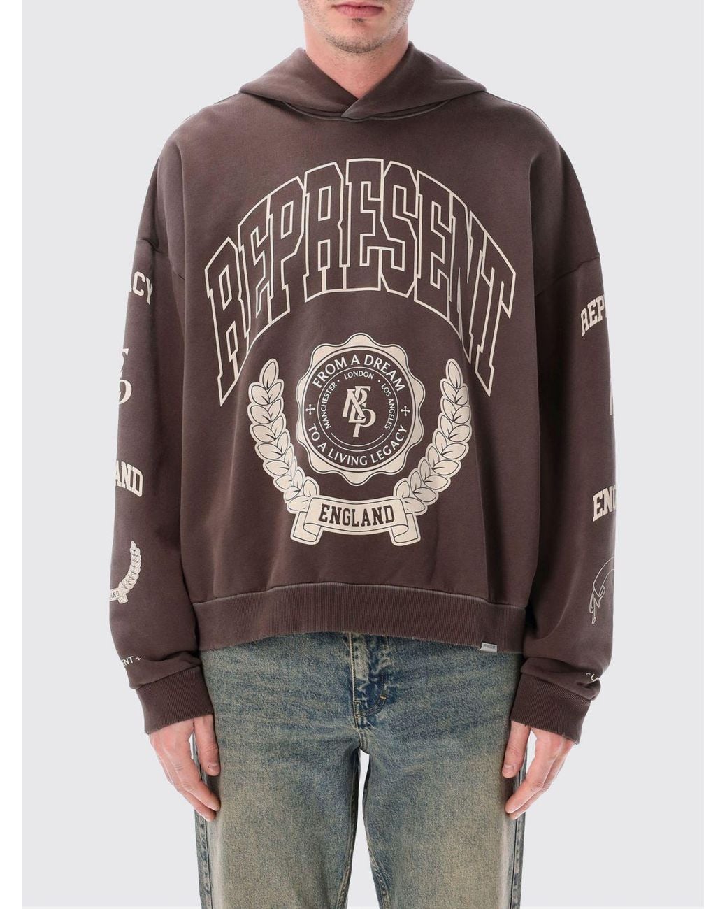 Represent Gray Cotton Hooded Sweatshirt With Logo for men