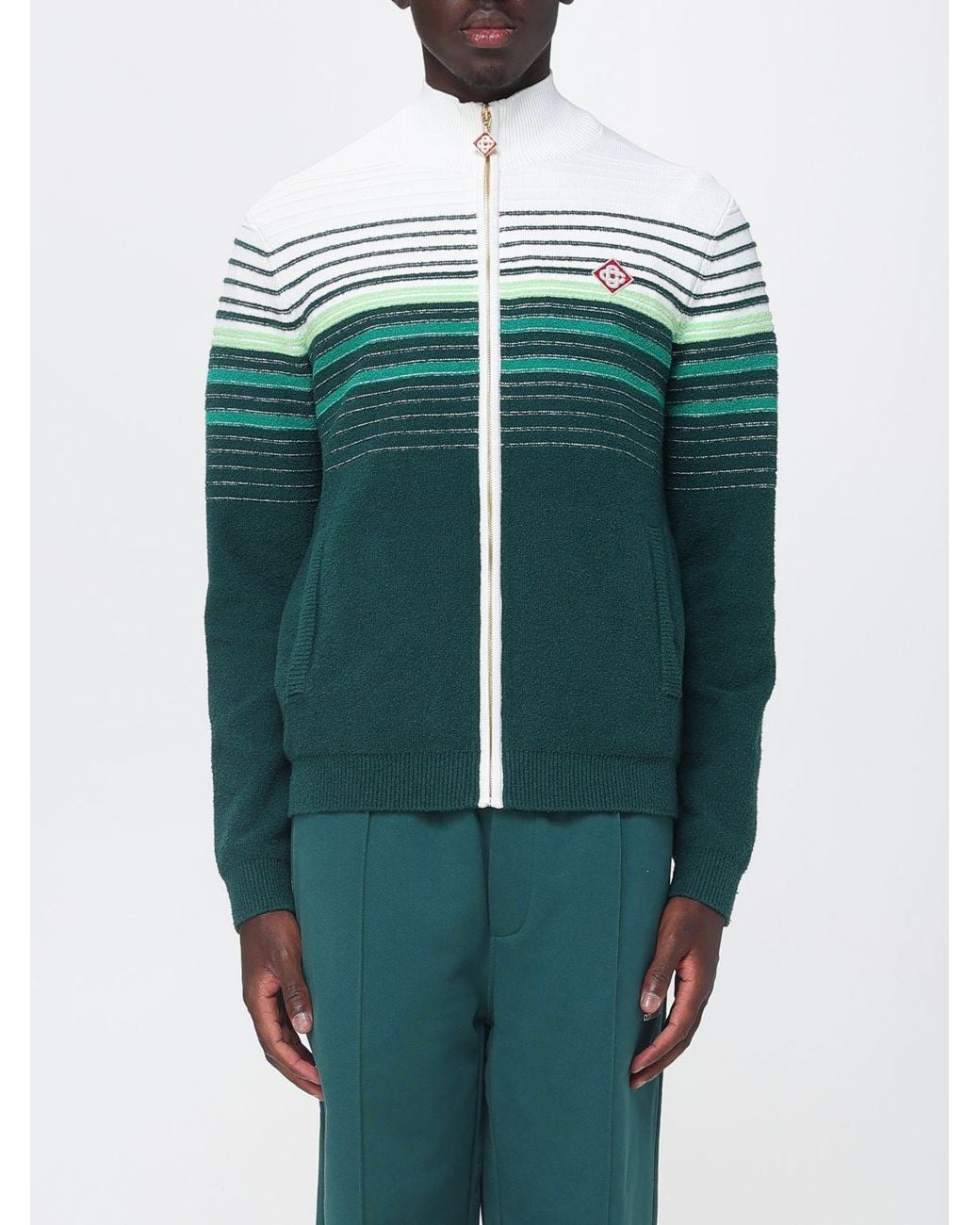 Casablanca Green Striped Cotton-Blend Cardigan With A Turtleneck And Zip Closure for men