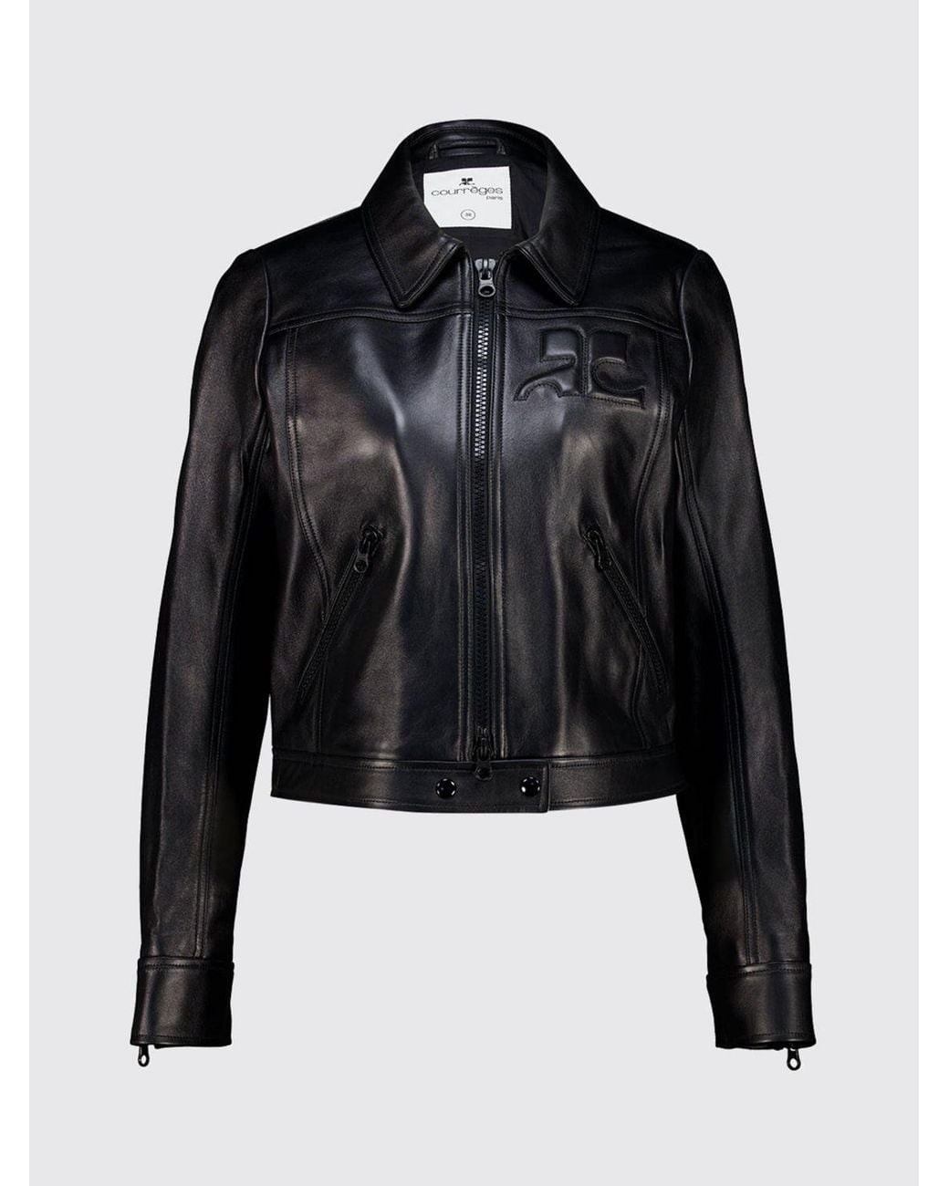 Courreges Black CourrÈ Ges Cropped Smooth Lambskin Biker Jacket With Monogram Logo