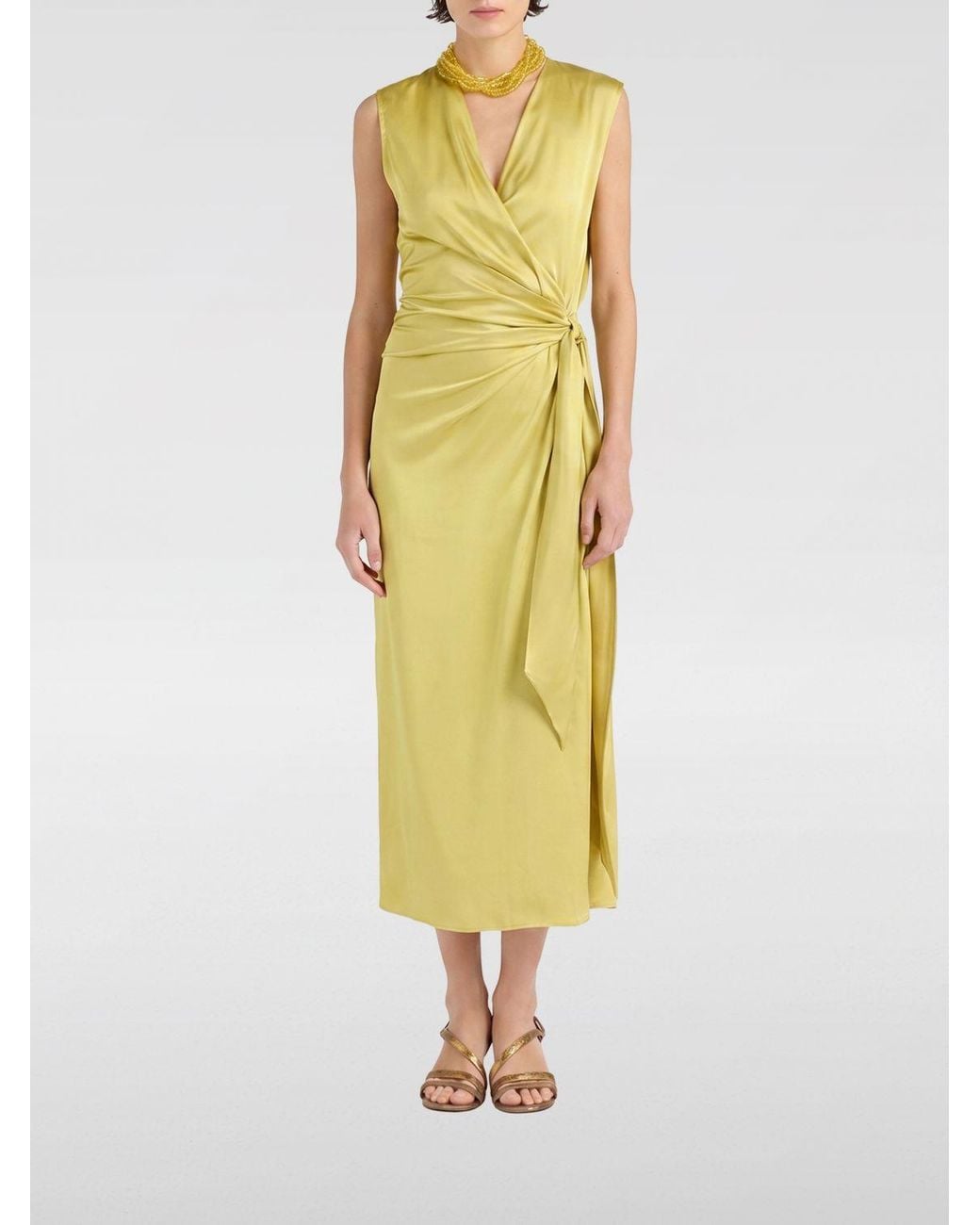 Momoní Yellow MomonÌ V-Neck Satin Midi Wrap Dress With Side Slit