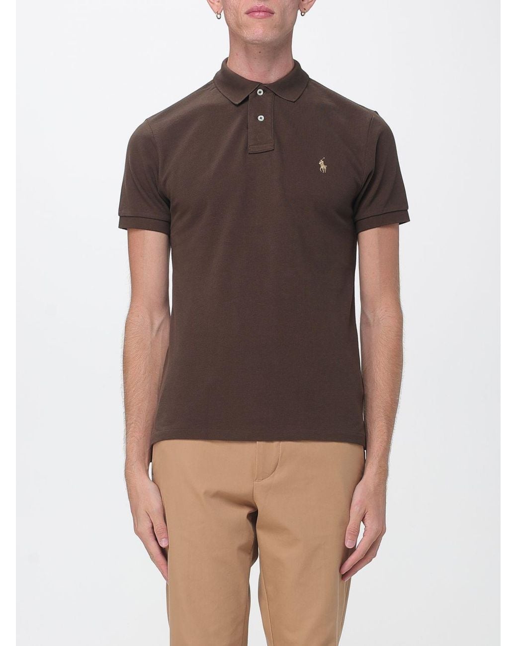 Polo Ralph Lauren Brown Slim Fit Cotton Polo Shirt With Pony Logo Embroidery for men