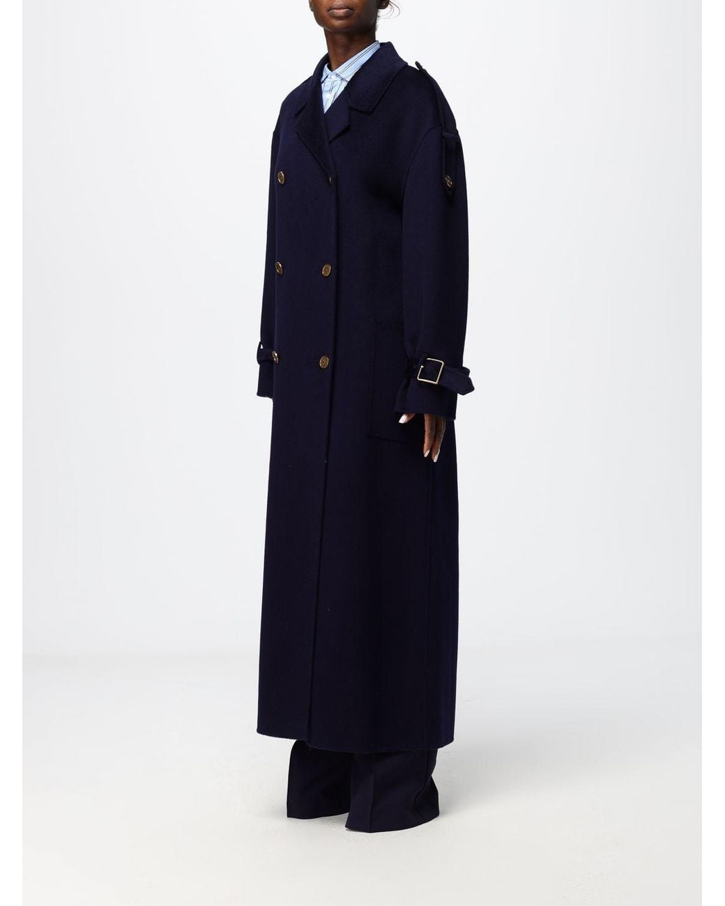 Elisabetta Franchi Blue Double-Breasted Long Wool Coat With Belt