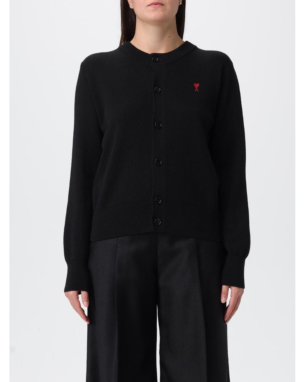 AMI Black Crew Neck Wool Cardigan With Logo
