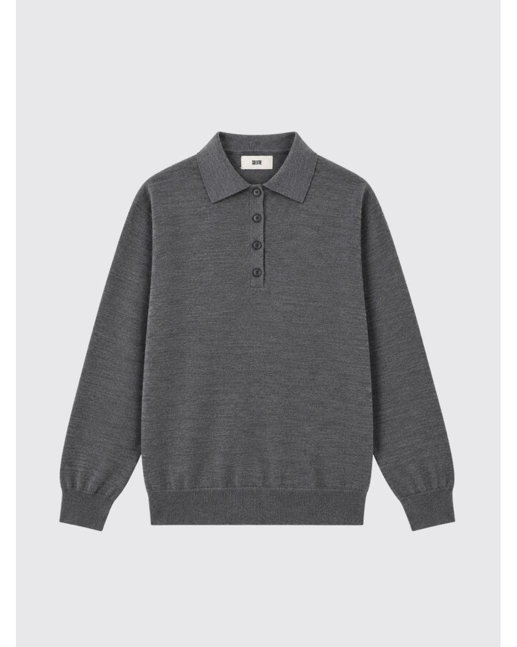 SOLOTRE Gray Long-Sleeved Wool Knit Polo Shirt With Ribbed Collar