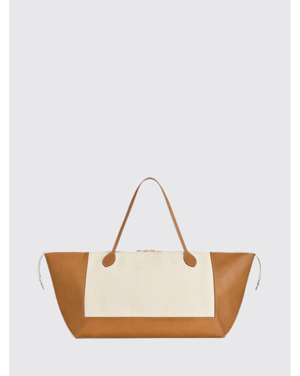 Céline Natural Cotton And Leather Tote Bag With Triomphe Logo And Double Handle