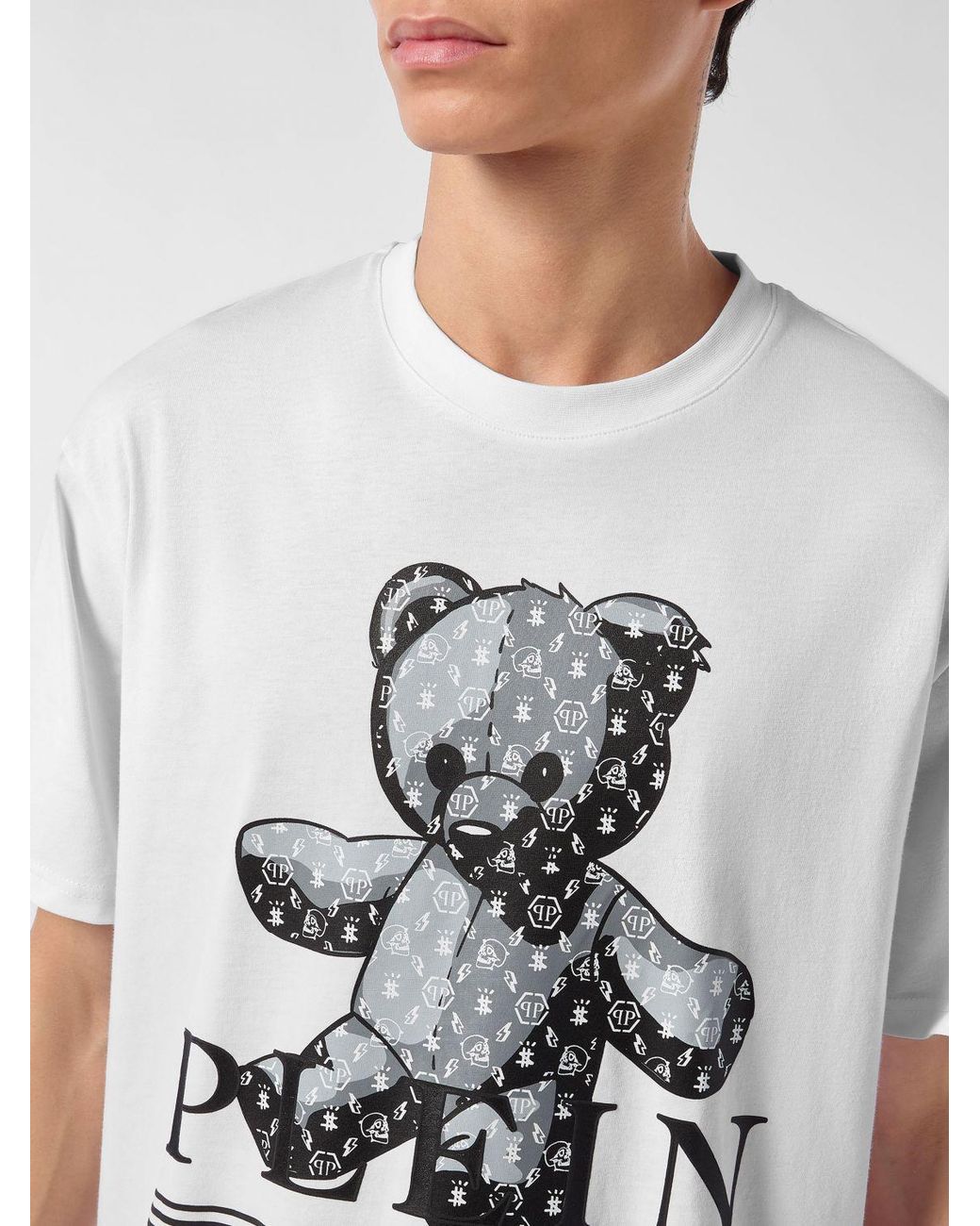 Philipp Plein White Dropped Shoulder Teddy Bear Print Cotton T-Shirt for men