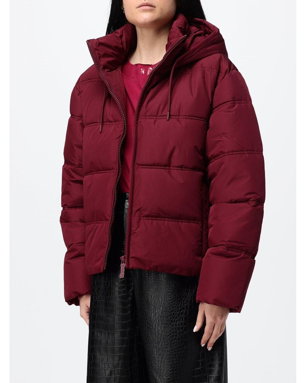 DISCLAIMER Red Quilted Short Puffer Jacket With Hood And Funnel Neck