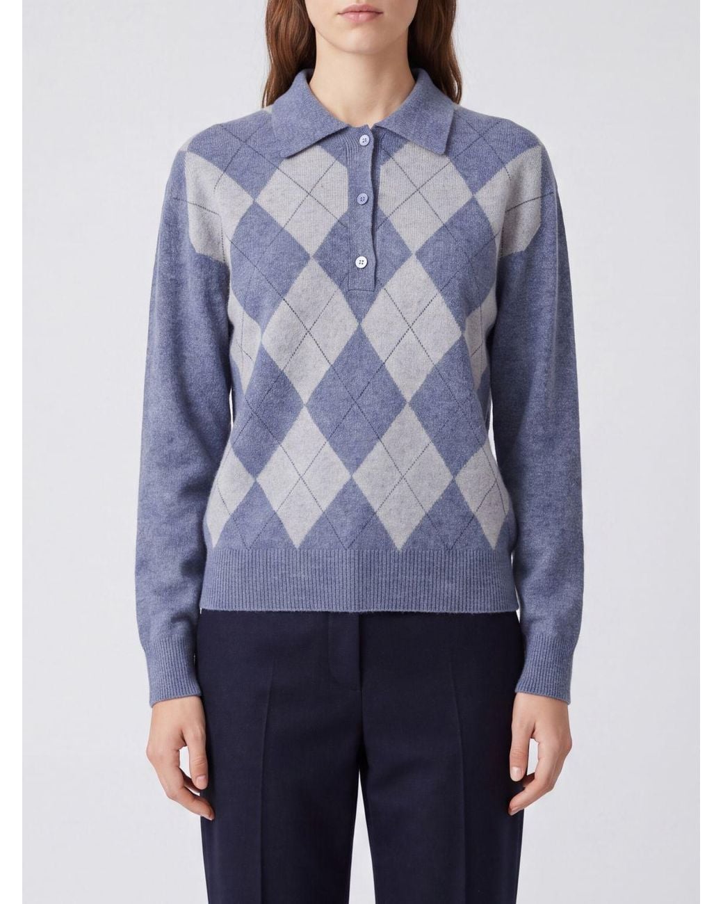 Rohe Blue Argyle Long-Sleeved Knit Polo