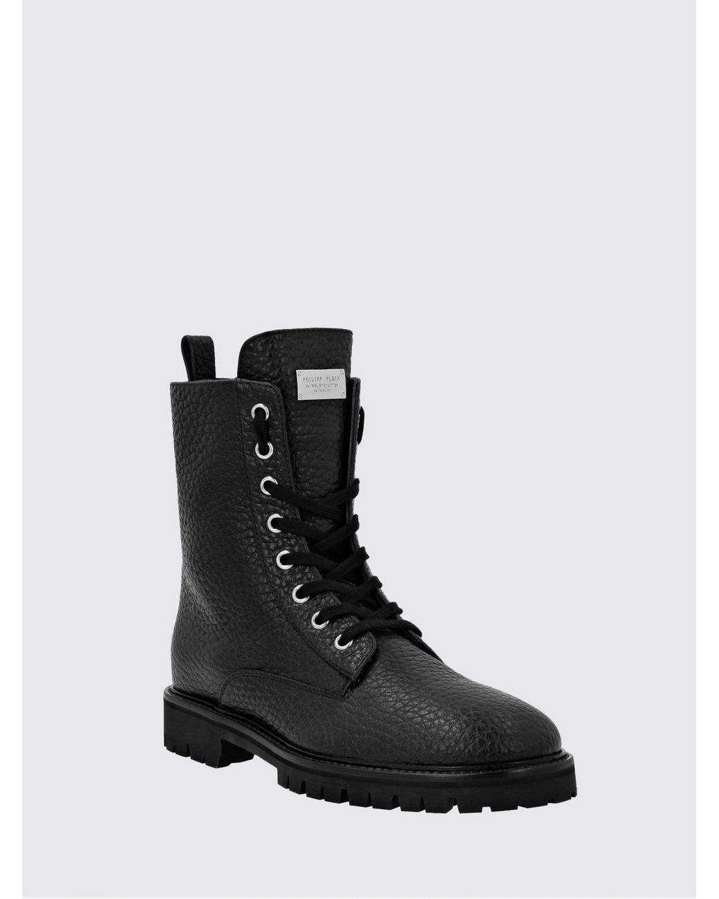 Philipp Plein Black Lace-Up Grained Leather Combat Boots With Lug Sole