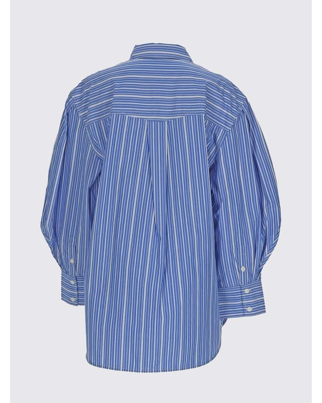 Ganni Blue Striped Cotton Shirt With Balloon Sleeves And Classic Collar