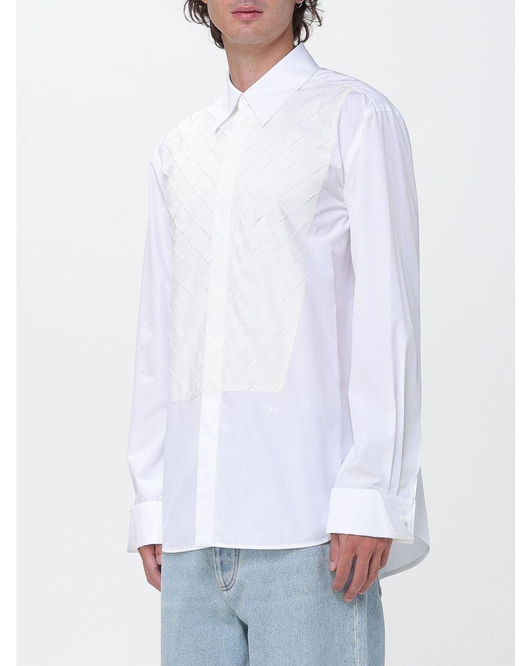 Bottega Veneta White Cotton Shirt With Embroidered Intrecciato Motif And French Collar for men