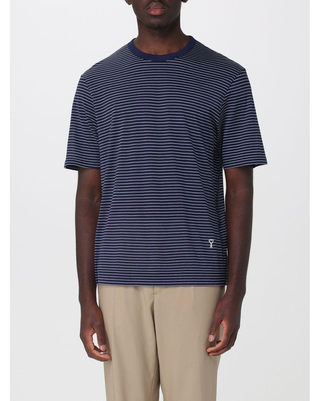 AMI Blue Striped Cotton T-Shirt for men