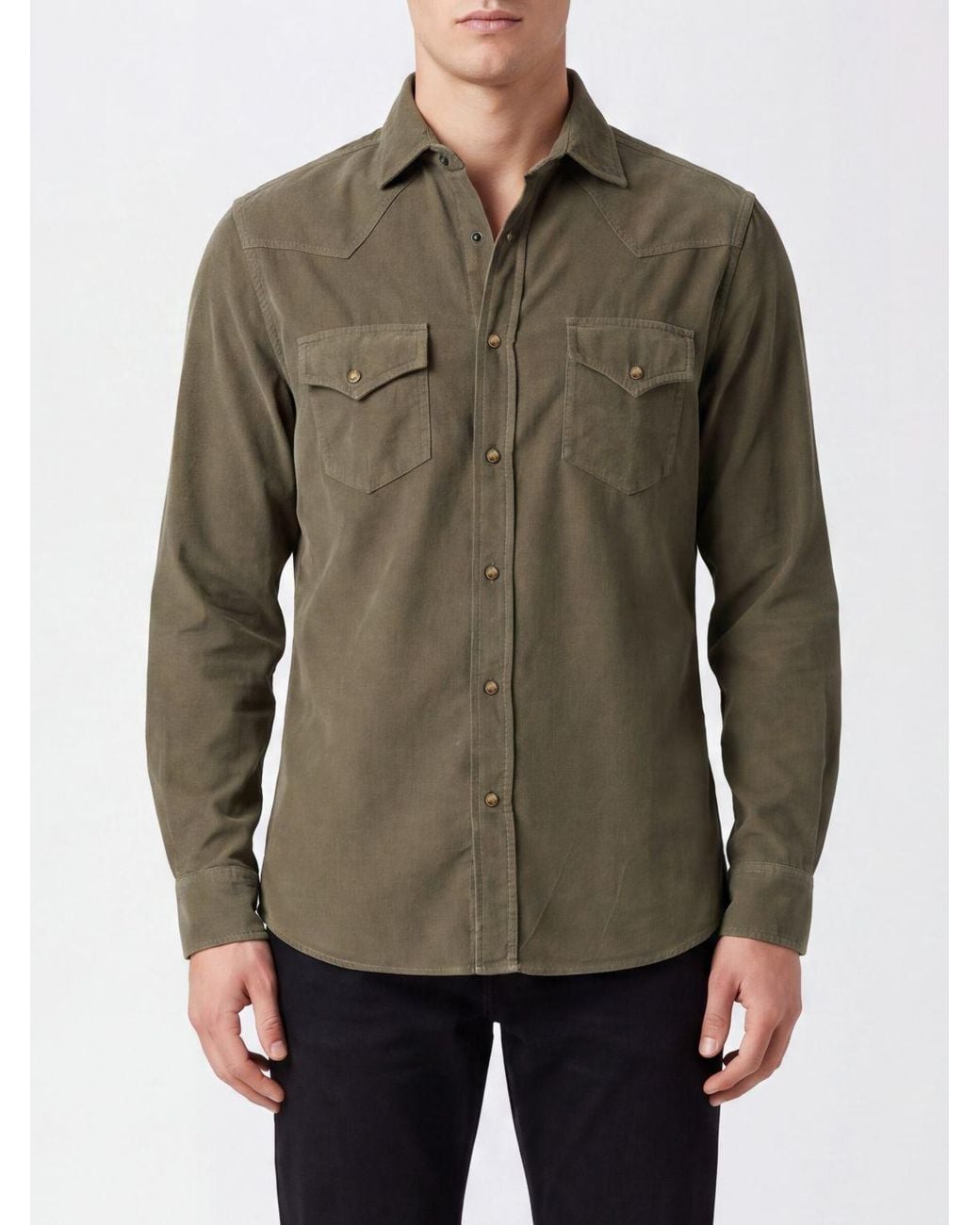 Brunello Cucinelli Green Slim Fit Velvet Shirt With French Collar And Pockets for men