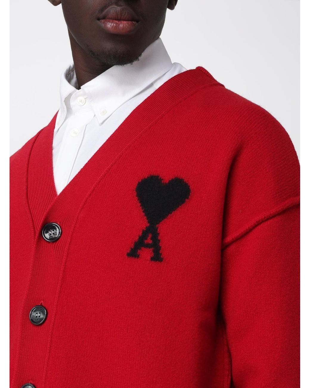 AMI Red V-Neck Wool Cardigan With Contrast Logo for men