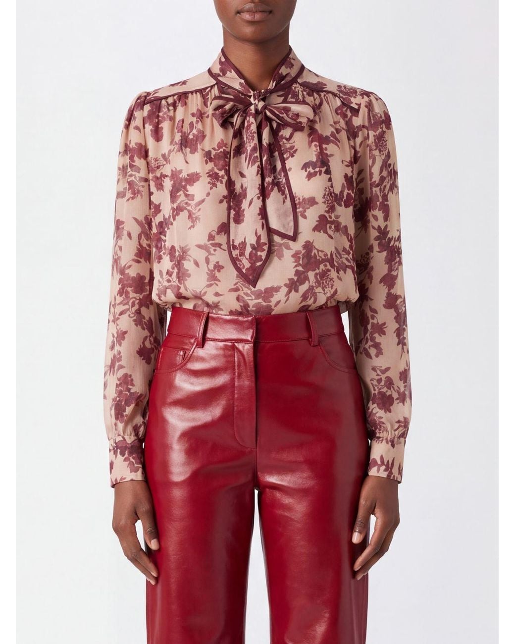 Nissa Red Floral Print Silk And Viscose Blouse With A Pussy-Bow Neck
