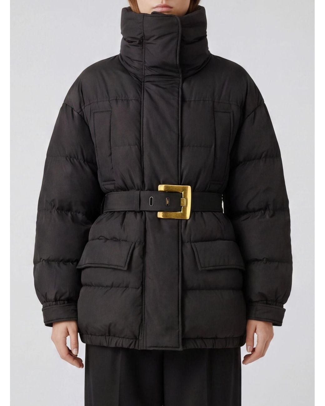 Balmain Black Short Technical Fabric Down Jacket With High Neck And Waist Belt