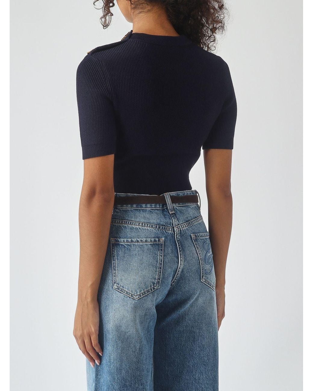 Elisabetta Franchi Blue Cropped Ribbed Viscose Top With Metal Eyelets