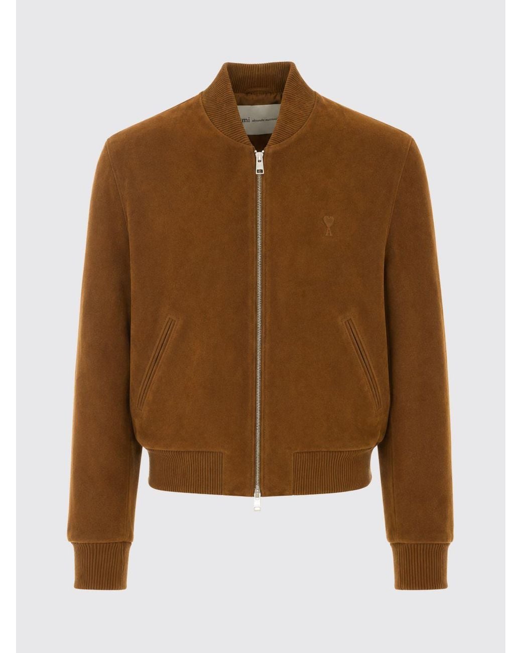 AMI Brown Relaxed Fit Suede Leather Bomber Jacket With Embroidered Logo for men