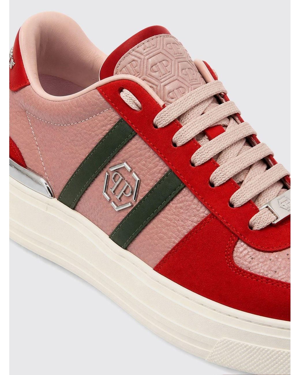 Philipp Plein Red Low-Top Leather Trainers With Hexagon Logo And Round Toe for men
